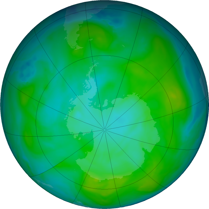 Antarctic ozone map for 15 January 2020